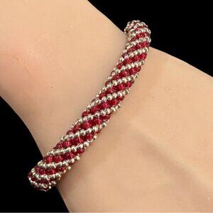 Red & Silver Beaded Spiral Bracelet With Unique Toggle Clasp